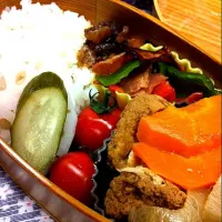 Snapdishの料理写真:今日の#obento：大根と厚揚げの煮物、パプリカとベーコンの炒め物、野菜の酢漬け|asumiyamamotoさん