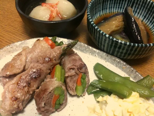 アスパラ人参豚肉巻、スナップ遠藤タルタルがけ、かぶ煮、ナス揚げ浸し|まっきーさん