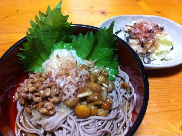 今夜の晩飯 なめこおろしと納豆の冷し蕎麦|high_sa(HISA)さん