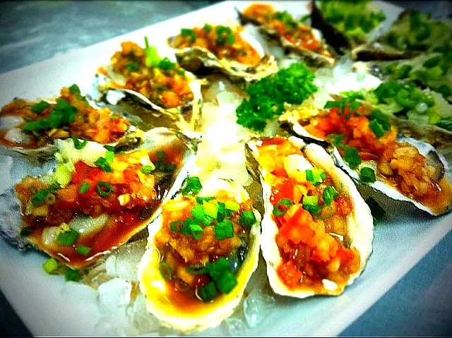 Snapdishの料理写真:oyster with three style NOBU salsa|nuttyさん