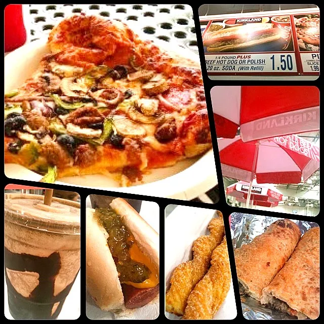 Snapdishの料理写真:Combo Pizza Slice, Hot Dog, Churro, Mocha Freeze, Carne Asada Bake|Monina Baronganさん