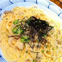 Snapdishの料理写真:じゃがいもと枝豆の明太子スパゲティ|優香さん