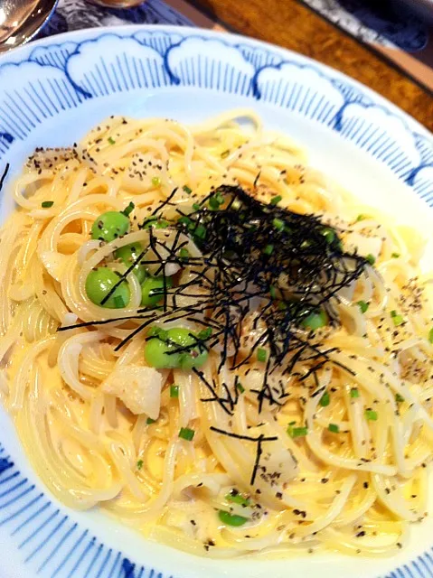 Snapdishの料理写真:じゃがいもと枝豆の明太子スパゲティ|優香さん