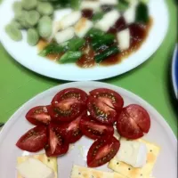 Snapdishの料理写真:オクラと長いもときゅうりの味ポンジュレ仕立て、そら豆の塩茹で、カマンベールと赤くて甘ーいトマト @ home party #2 with Jeongyoon Wang|Yuki Nakamuraさん