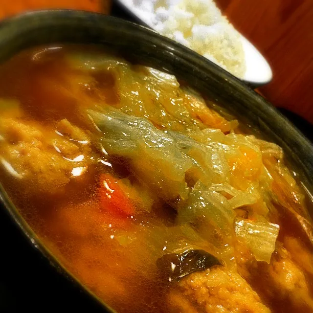 Snapdishの料理写真:『鳥つくねとたっぷり野菜のスープ定食』‥カンペキな二日酔いなものでね(∀｀*)ゞイヤァ|tsukuda_hoppyさん