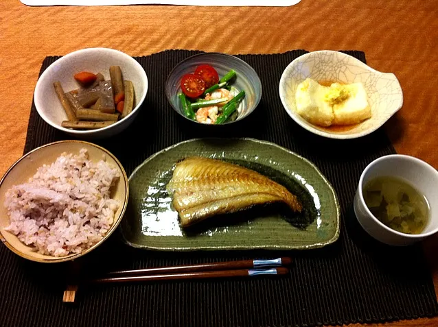 hokke, agedashi tofu, asparagus and shrimp with lemon-mayo, gobo konyaku|Sakikoさん