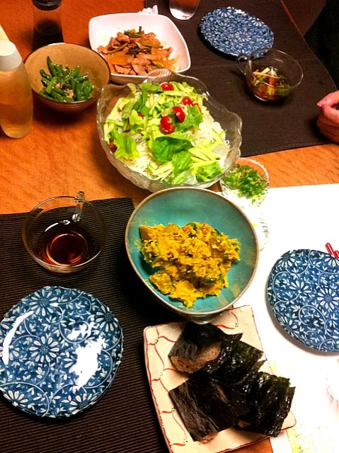 soumen, okaka and cheese riceballs, pumpkin walnut salad, pork sautee, string beans in sweet sesame sauce|Sakikoさん