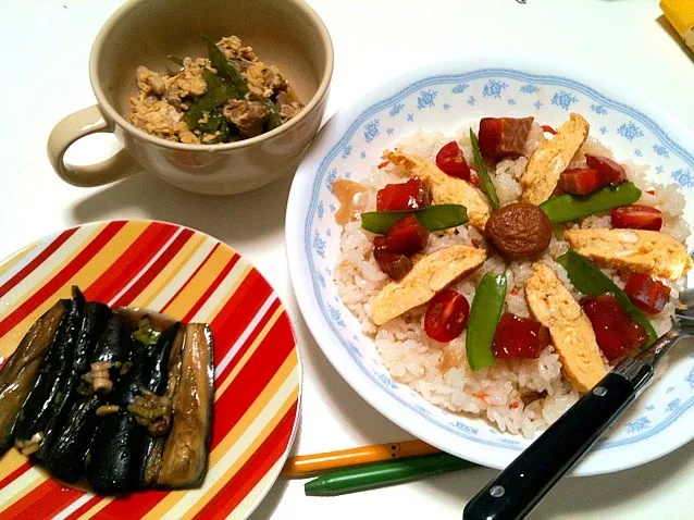 ちらし寿司と鶏肉卵煮と茄子の冷おひたし|田村さん