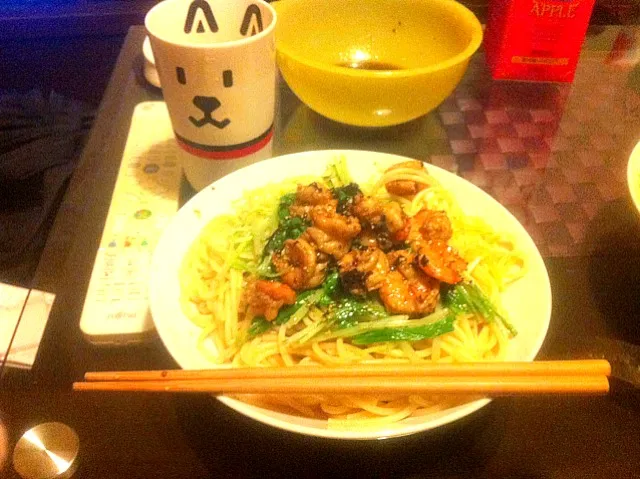 エビと水菜の和風ポン酢醤油パスタ|たけださきこさん