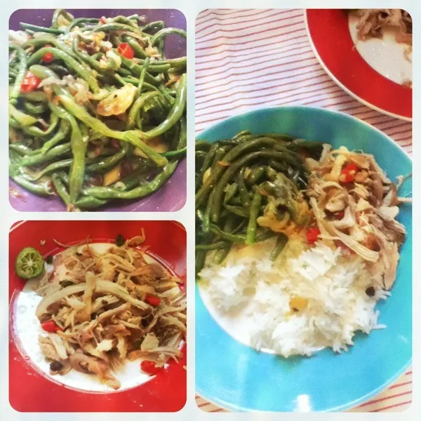 Balinese style rice mix with shredded chicken sambal matah & long beans. be siap mesisit sambal matah & jukut bejek kc panjang|Rurie van Sarkさん