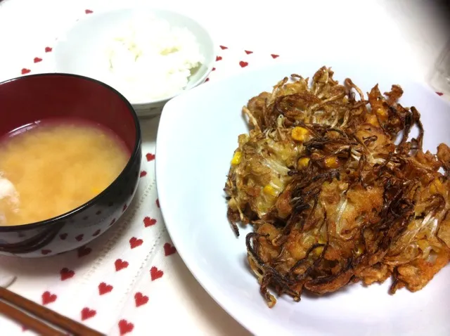 豚ともやしの衣揚げ＆お味噌汁@ゆう自作 初の揚げ物♪|姫さん