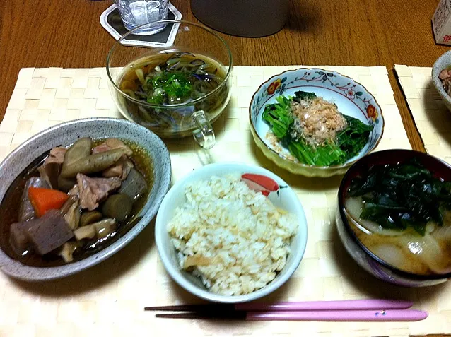 新生姜としらすのご飯、筑前煮、ナス素麺、三つ葉のおひたし。|Angie44さん