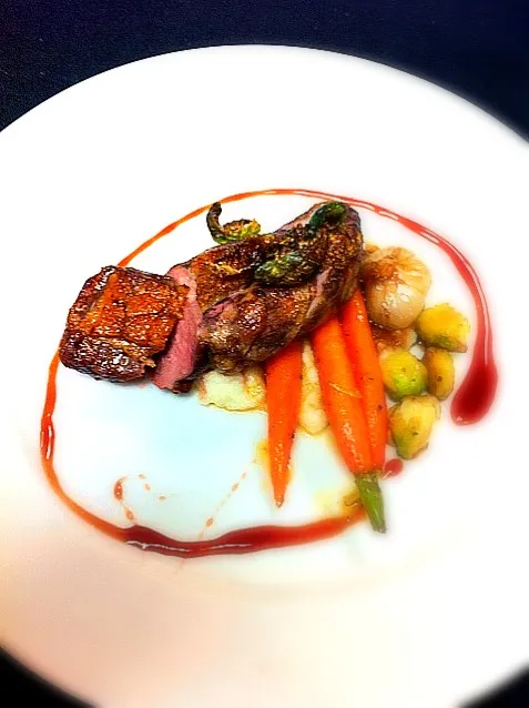 Pomegranite Glazed Duck Breast Celery Root Puree and Maple Roasted Brussel Sprouts|Erich Hiegerさん