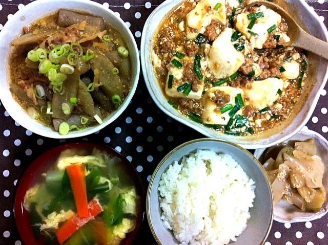 ニラ入り麻婆豆腐、蒟蒻と牛蒡の味噌煮、野菜スープ|tomoさん