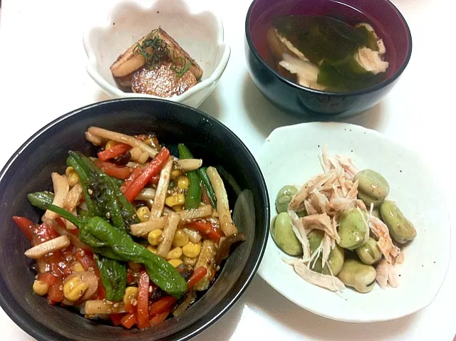 中華餡かけ丼、長芋の焦がし醤油、空豆とささ身のゴマ和え|Erikaさん