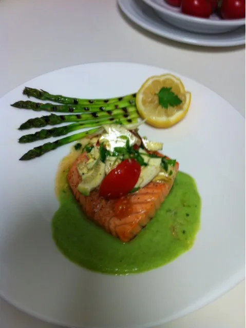 Roasted Salmon with Pea Puree and Artichoke salad|Christine pavelkaさん