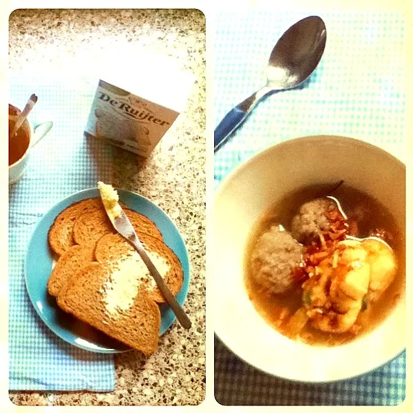 left: bread with chocolate sprinkles. right: bakso aka Indonesian meatball soup|Rurie van Sarkさん