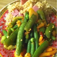 Snapdishの料理写真:garlic and red curry veg with pork fried rice|heather...さん