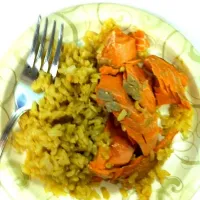 grilled wild salmon with mango curry sauce and basmati rice|allana daleさん