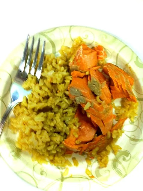 grilled wild salmon with mango curry sauce and basmati rice|allana daleさん