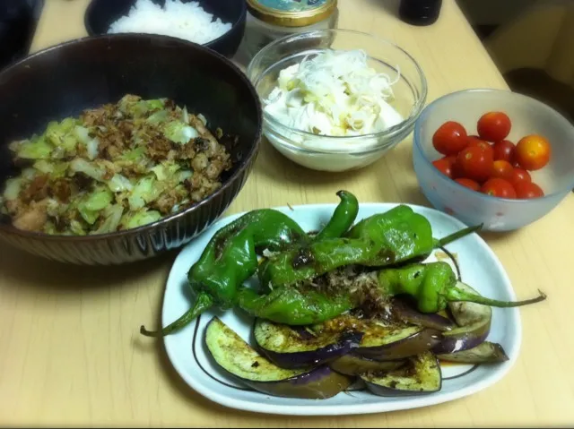 夏の食卓。青とうがらしの甘さが芳ばしい。甘とう美人というそうな。|木本一花さん