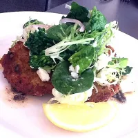 Snapdishの料理写真:Haloumi-crumbed chicken schnitzel with creamed potato, broccolini, feta, capers and lemon|Kerry Heaneyさん