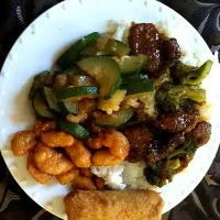 Snapdishの料理写真:broccoli beef, rice, sweet & sour chicken & organic zucchini stir fry from my mom's garden!|Nicole Caballeroさん