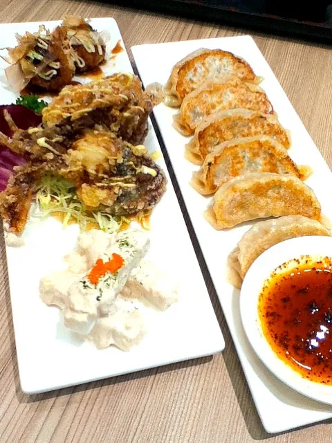 siders! dango, soft shell crab, tuna salad and a plate of gyoza :)|myleneさん