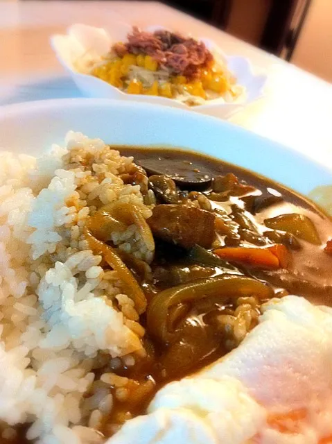 ポーチドエッグの野菜カレーとツナサラダ|あにごんさん