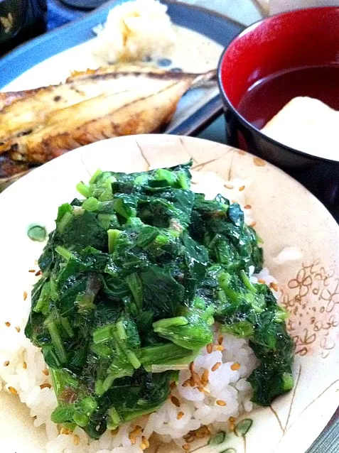 お昼ご飯は鯵の干物、大根おろし、モロヘイヤごはんごま風味、麩のおすまし、たくわん。|snonpyさん