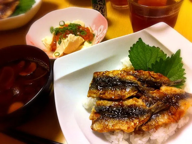 いわしの蒲焼き丼、冷奴の韓国風ソース(キューピーのやつ)、なすと玉ねぎのお味噌汁。|liccaさん