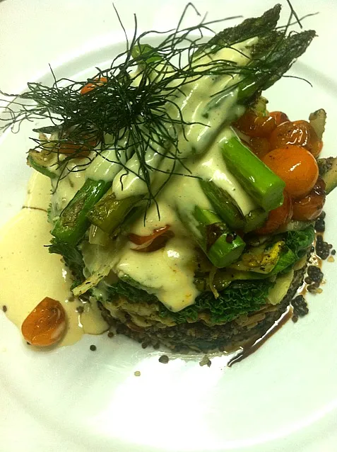 summer vegetable tian w/seared tomato and asparagus topped with hollandaise and deep fried fennel|GREG ARNOLDさん