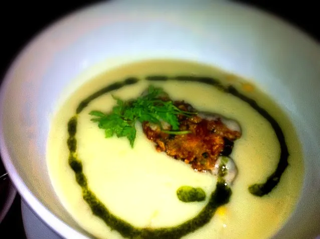 Corn Chowder w/ shrimp & corn fritter, bacon, pesto~ (Bradley Ogden's Summer Menu)|Carmela Solon P.さん