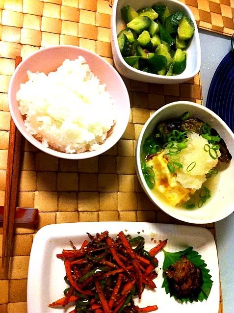 今日のご飯。揚げ出し豆腐 ししとう添え、人参とピーマンのきんぴら、焼き金山寺味噌|Alicaさん