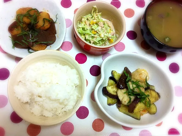 茄子とささ身の白だし炒め、長芋の焦がし醤油、コールスロー|Erikaさん