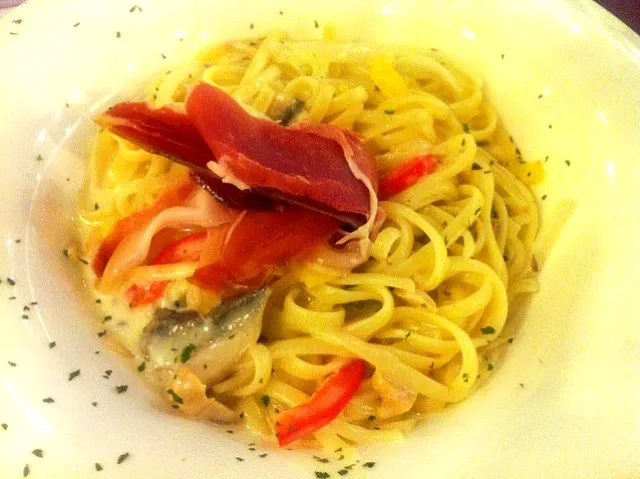 linguine with parma ham & black truffle cream sauce|skyblueさん