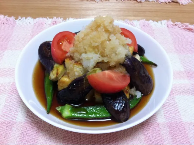 Snapdishの料理写真:フライパンで揚げ出し豆腐、野菜添え|ほーちゃんママン。さん