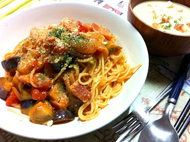 ナスとトマトのパスタ|もんちさん