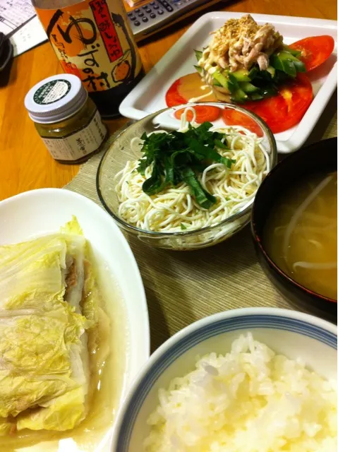 夕飯 白菜と豚バラの重ね蒸し、豆腐素麺、棒々鶏|よ〜んさん