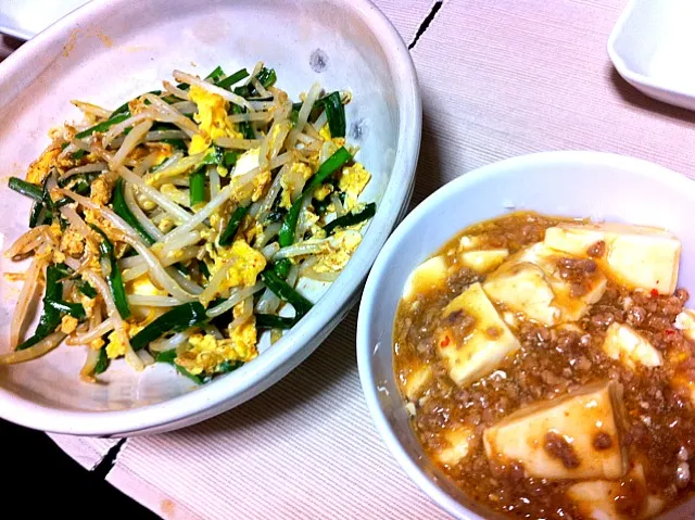 麻婆豆腐丼とニラもやし炒め|ネロリンさん