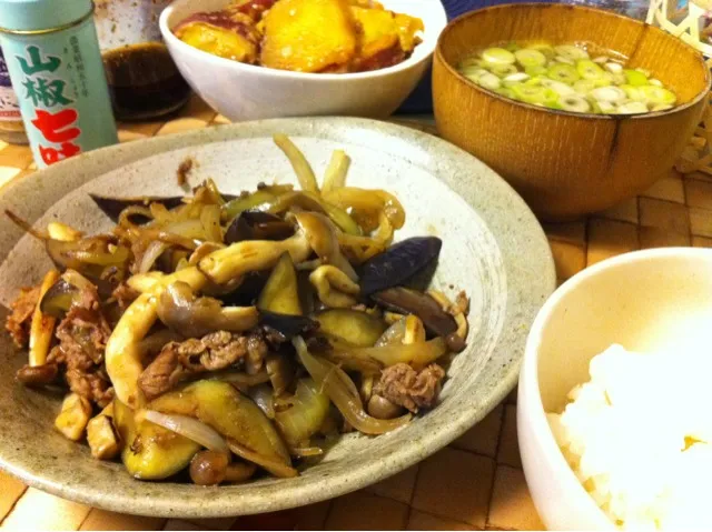 今日のご飯。野菜と牛肉の青椒風味、さつま芋の塩麹煮、葱スープ。|Alicaさん