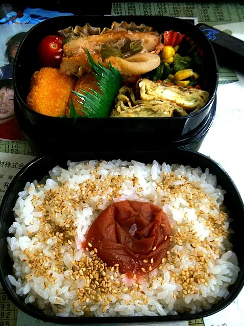 昼食 弁当(竹輪の煮浸し クリームコロッケ ほうれん草のバター炒め 玉子焼き ご飯&梅&胡麻)|Ochamusさん