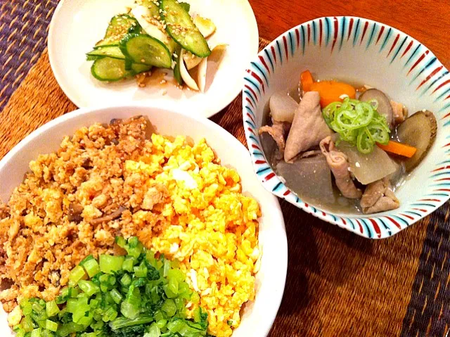 豆腐そぼろの三色丼  白モツと根菜の煮込み  胡瓜とカブ皮のポン酢|富田 和枝さん