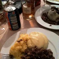 Snapdishの料理写真:haggis with neeps and tatties. and whisky. and irn bru :)|triniさん