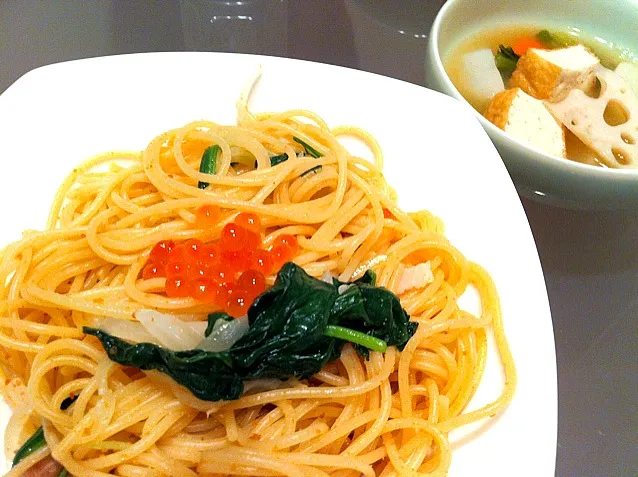 カラスミのスパゲティと和風根菜スープ|kanaさん