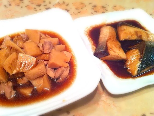 筍と鶏肉の煮物、ぶりの照り焼き。|インコさんさん