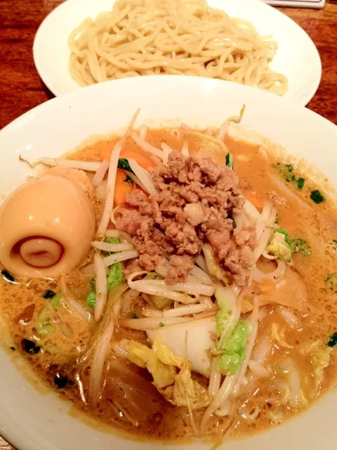 Snapdishの料理写真:味噌つけ麺（辛さなし、麺半分野菜多め）に味玉。 #昼ごはん #昼飯 #ランチ #麺|Takashi H.さん