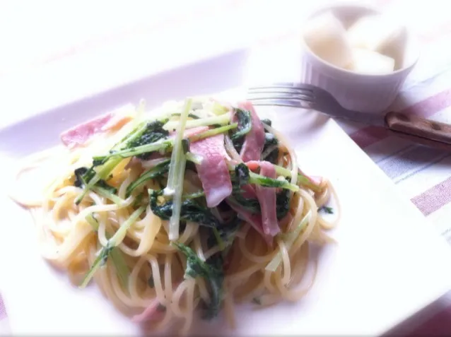 ベーコンと水菜のクリームパスタ|ちびチビ。さん