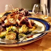 pan seared chicken with squash purée, brussel sprouts, torched radicchio|mathilde goldschmidtさん