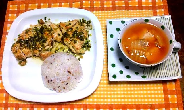 彼ごはんメニュー♪ネギ塩チキンと野菜スープ|nrkさん